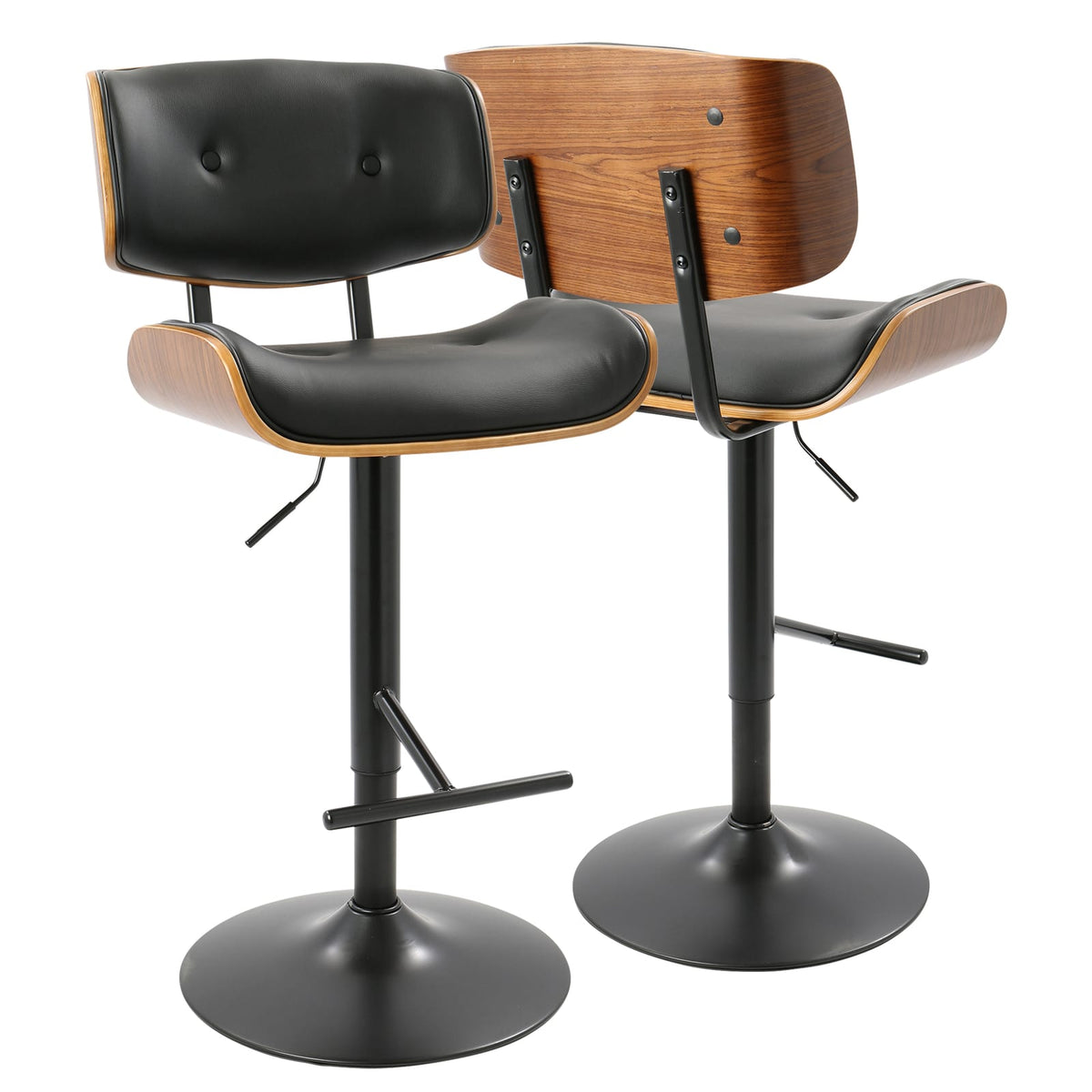 Black Faux Leather Barstools - 2 Mid-Century Style Swivel Bar Stools