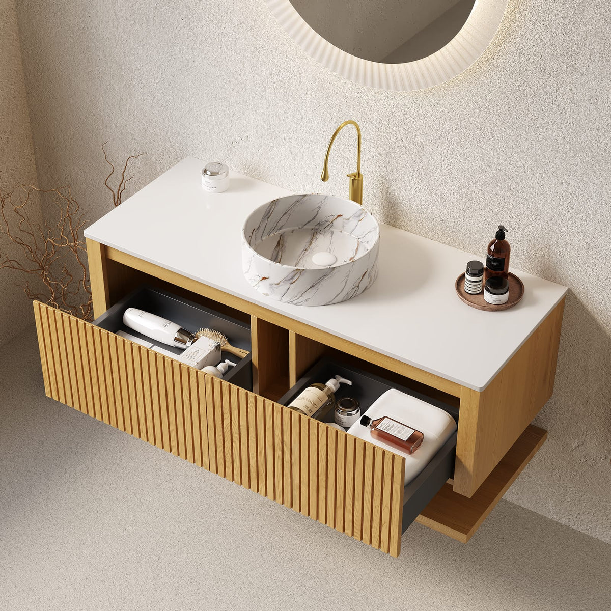 47.6 Inch Golden Oak Wall-Mounted Bathroom Vanity with Ceramic Basin
