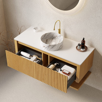 47.6 Inch Golden Oak Wall-Mounted Bathroom Vanity with Ceramic Basin