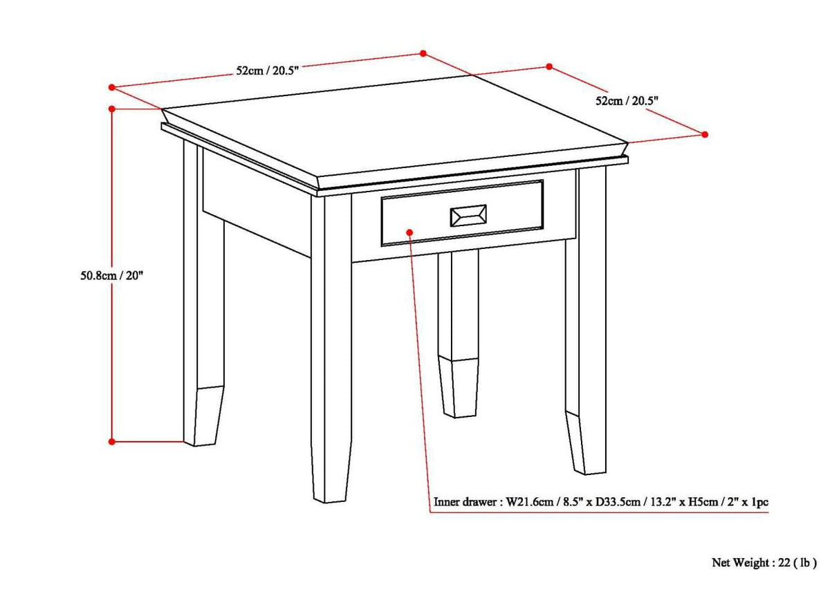 Dark Brown Russet Wood End Table - 20" Height for Living Room