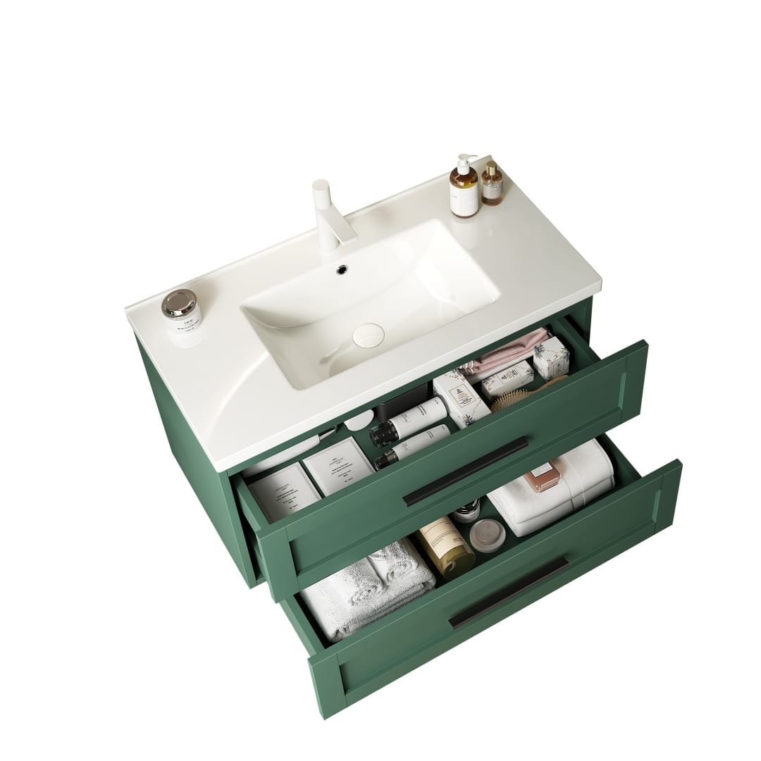 White Green Bathroom Vanity with Sink - 36" Wall Mounted Storage