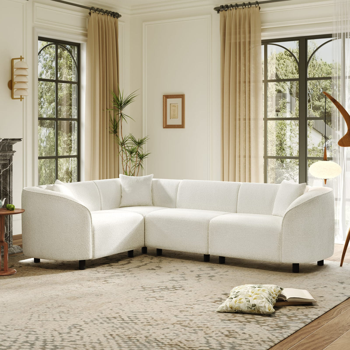 104" L-Shaped Curved Contemporary Sectional Sofa in Beige: Plush 4-Seater,