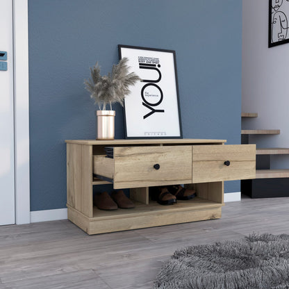 Light Oak 35" Storage Bench with 2 Shelves & Drawers