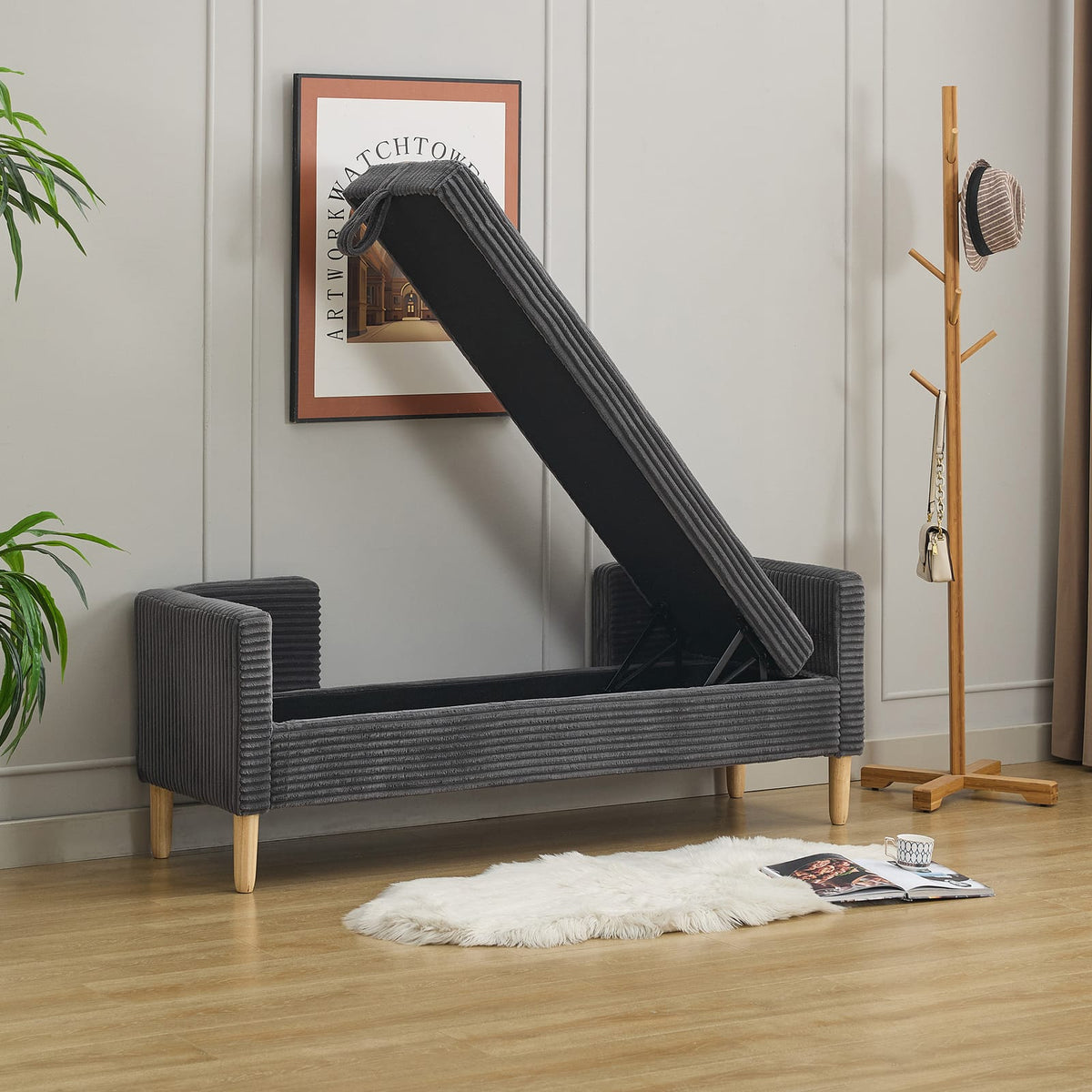Upholstered Storage Bench - Charcoal Corduroy for Living Room