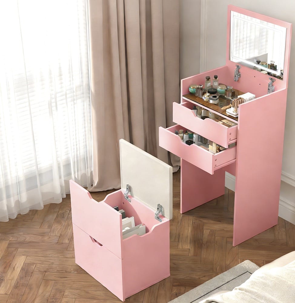 Pink Wood Makeup Vanity with Flip-Up Mirror & Lights