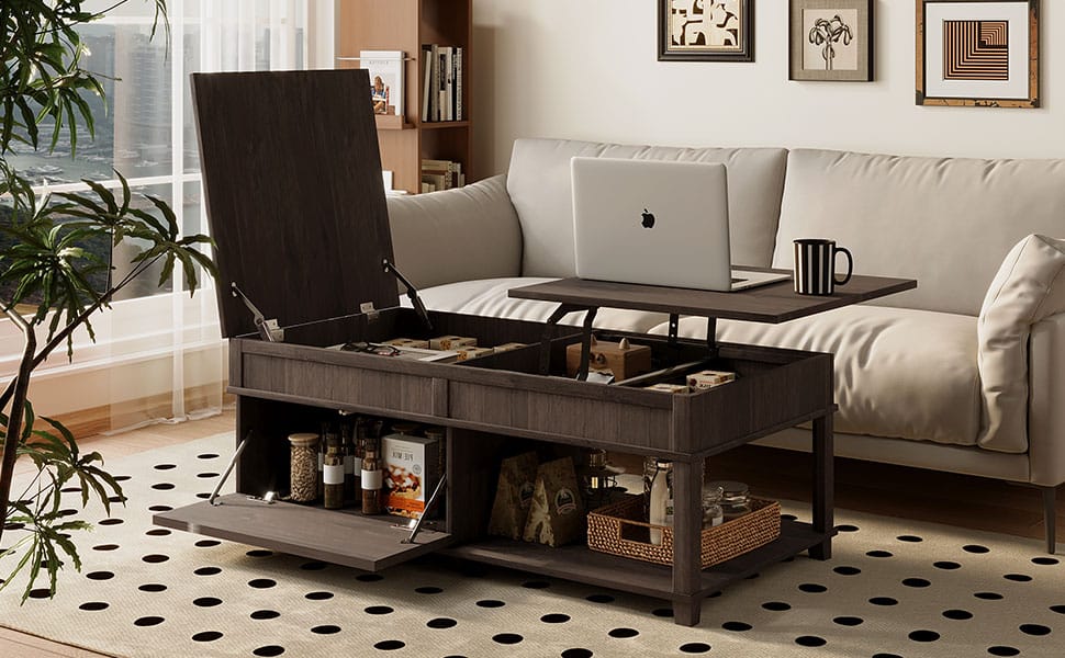 Lift-Top Coffee Table with Hidden Storage, Brown for Living Room