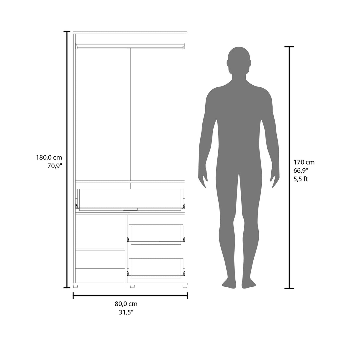 White Two-Door Wardrobe with Shelves - 21.5"W x 31.5"D x 70.9"H for Bedroom