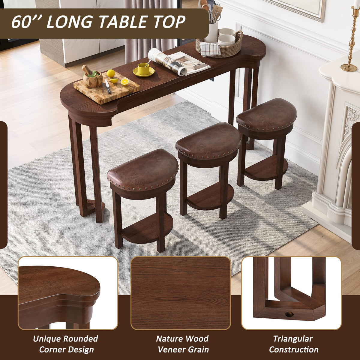 Cherry Solid Wood Bar Table Set with 3 Stools - 60" Dining Table for Dining Room