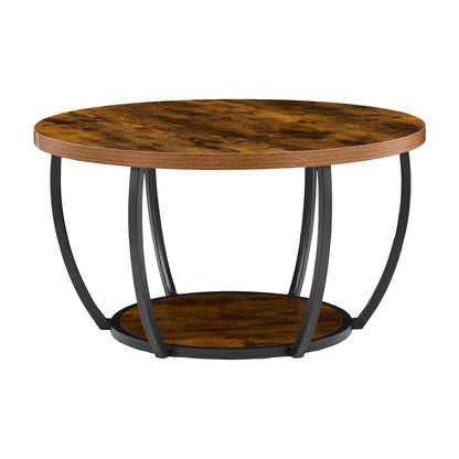 Modern Round Coffee Table - 2 Tier Wooden Center Table with Open Storage - Rustic Brown