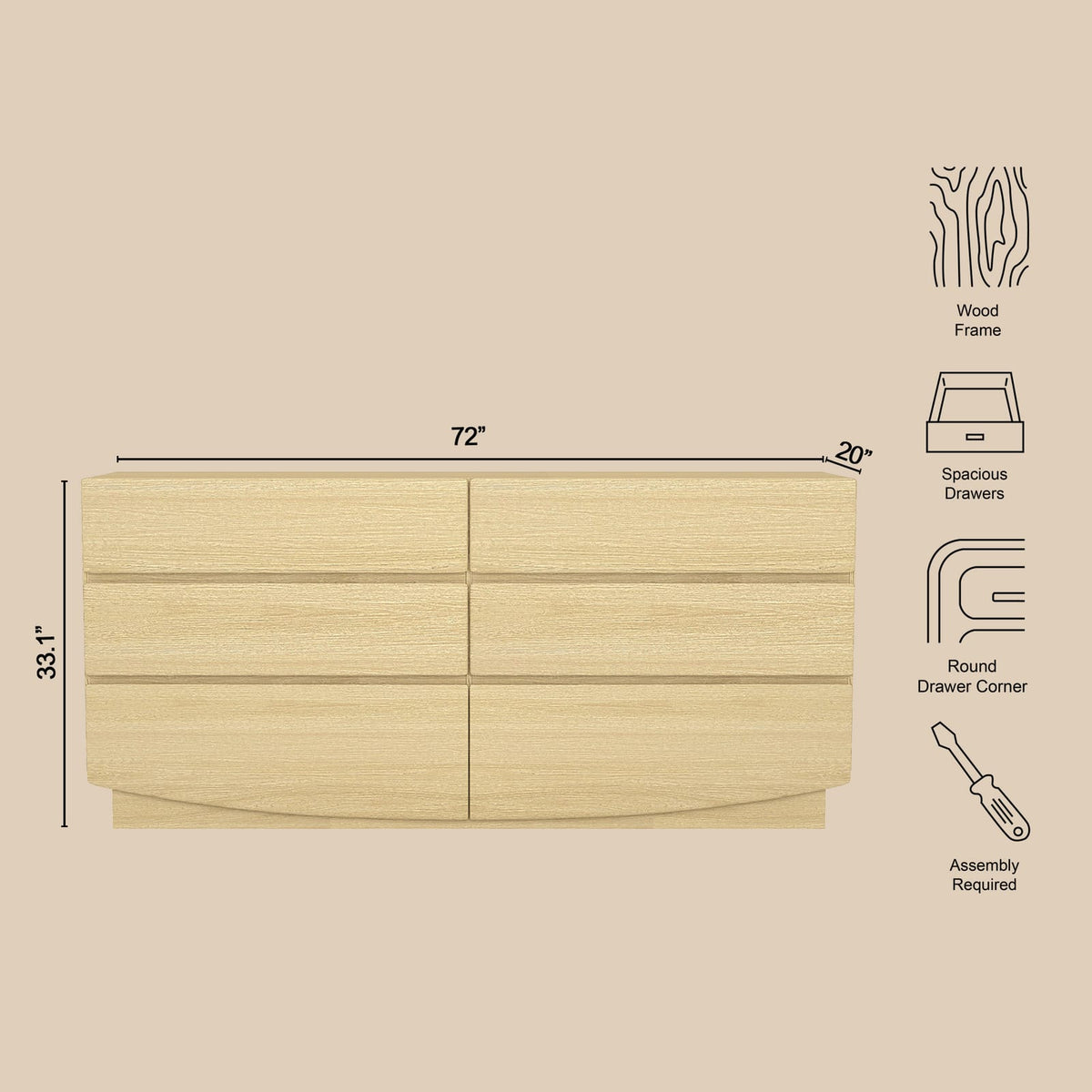 72" Oak Dresser - MDF Material Bedroom Storage
