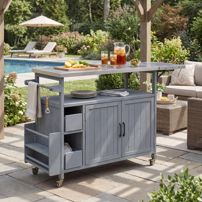 Blue Gray Solid Wood Rolling Kitchen Cart - Outdoor BBQ Cart