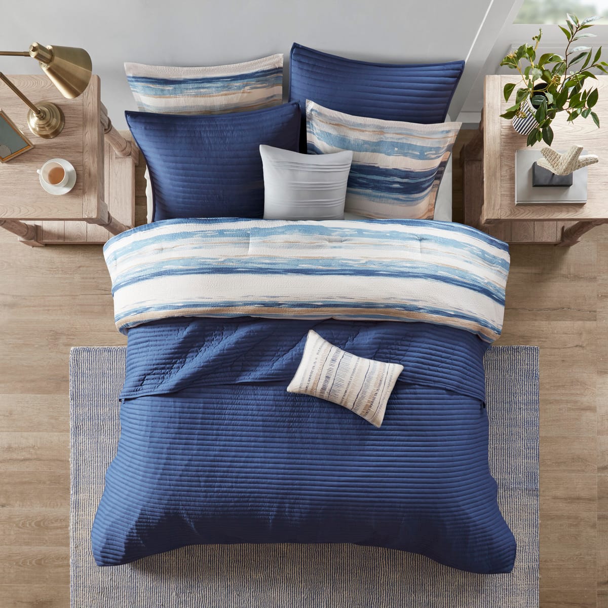 8 Piece Blue Seersucker Comforter Set - King Size