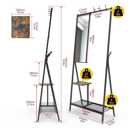 Black Brown Metal Coat Rack with Mirror - 73" Hall Tree