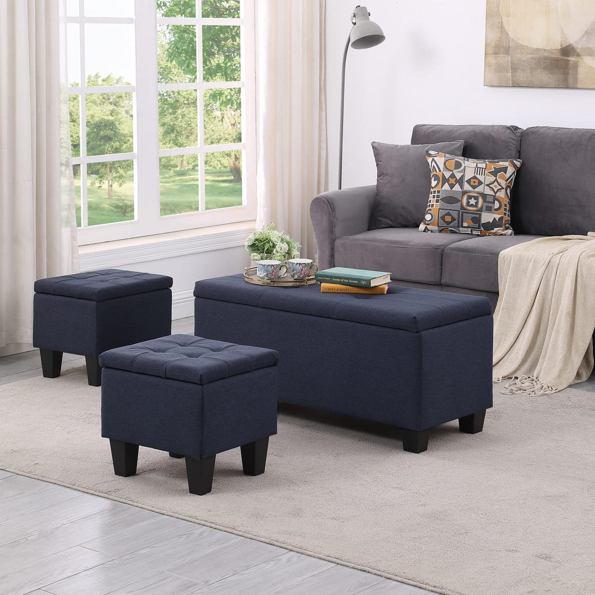 Dark Blue Fabric Storage Bench Set - 3 in 1 Ottoman with Linen Tufting
