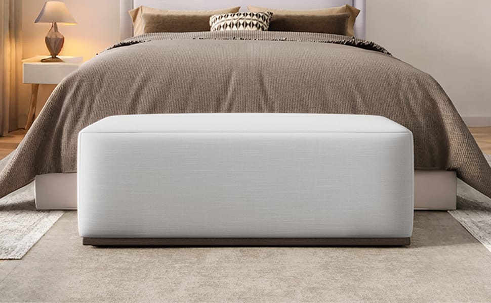 White Rectangle Ottoman - Wood Fabric Footstool