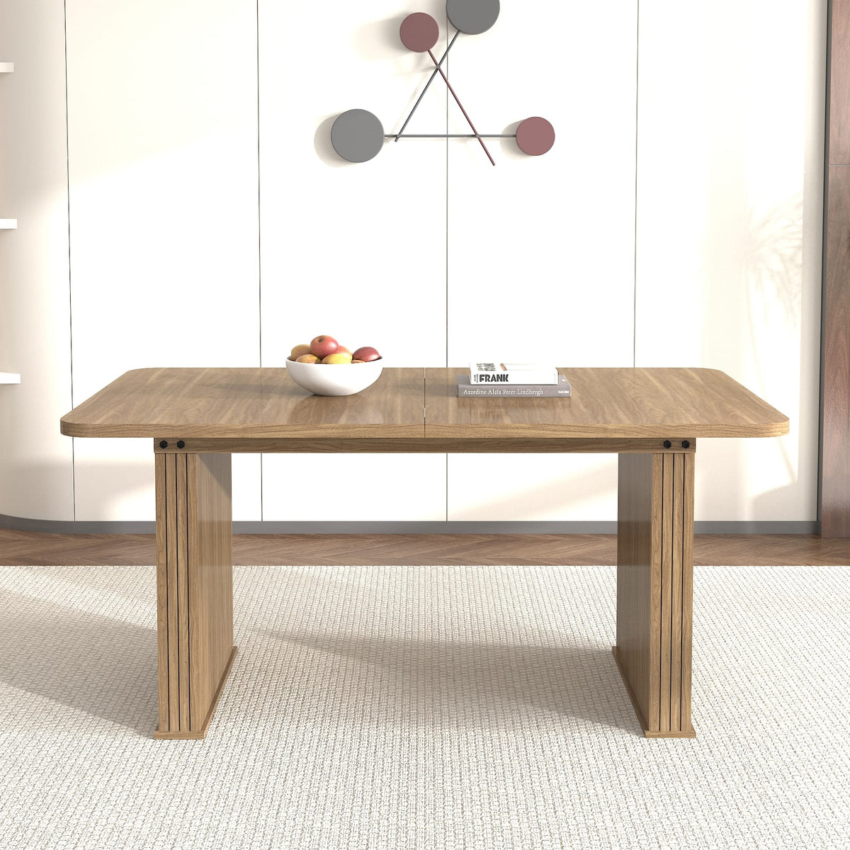 Extendable Dining Table for 6-10 Seats, Modern Beige Brown Wood