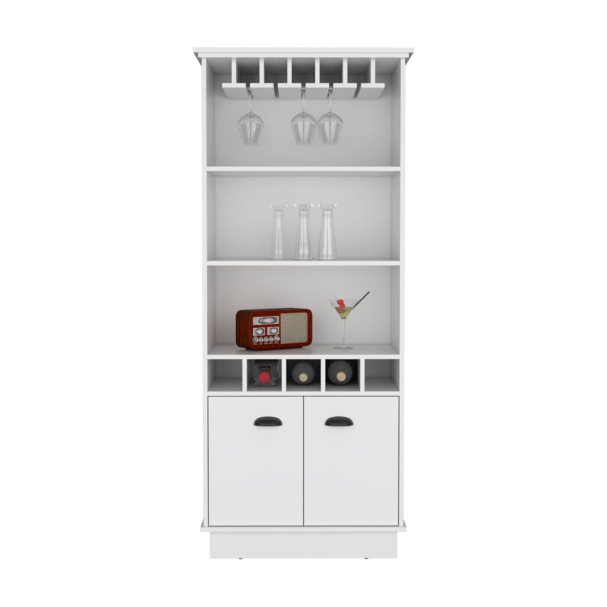 70" White Wine Bar Cabinet with Shelves & Doors for Dining Room