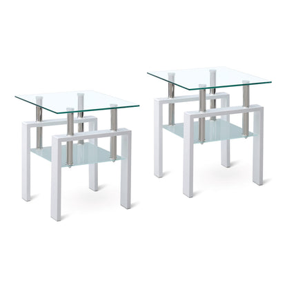 Clear Tempered Glass End Table - 2 Tier Small Table for Living Room