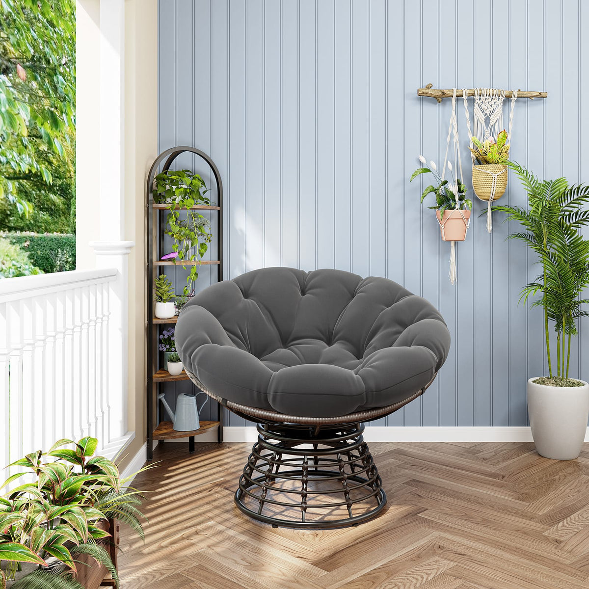Grey Ergonomic Wicker Papasan Chair - 360° Swivel Indoor Outdoor Rattan Seat