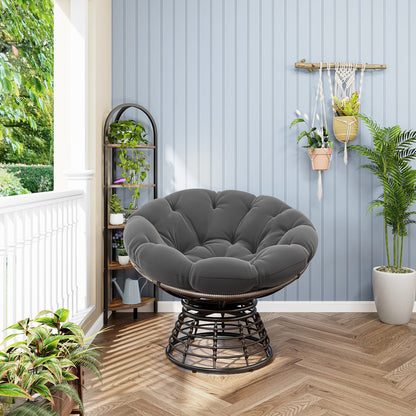Grey Ergonomic Wicker Papasan Chair - 360° Swivel Indoor Outdoor Rattan Seat
