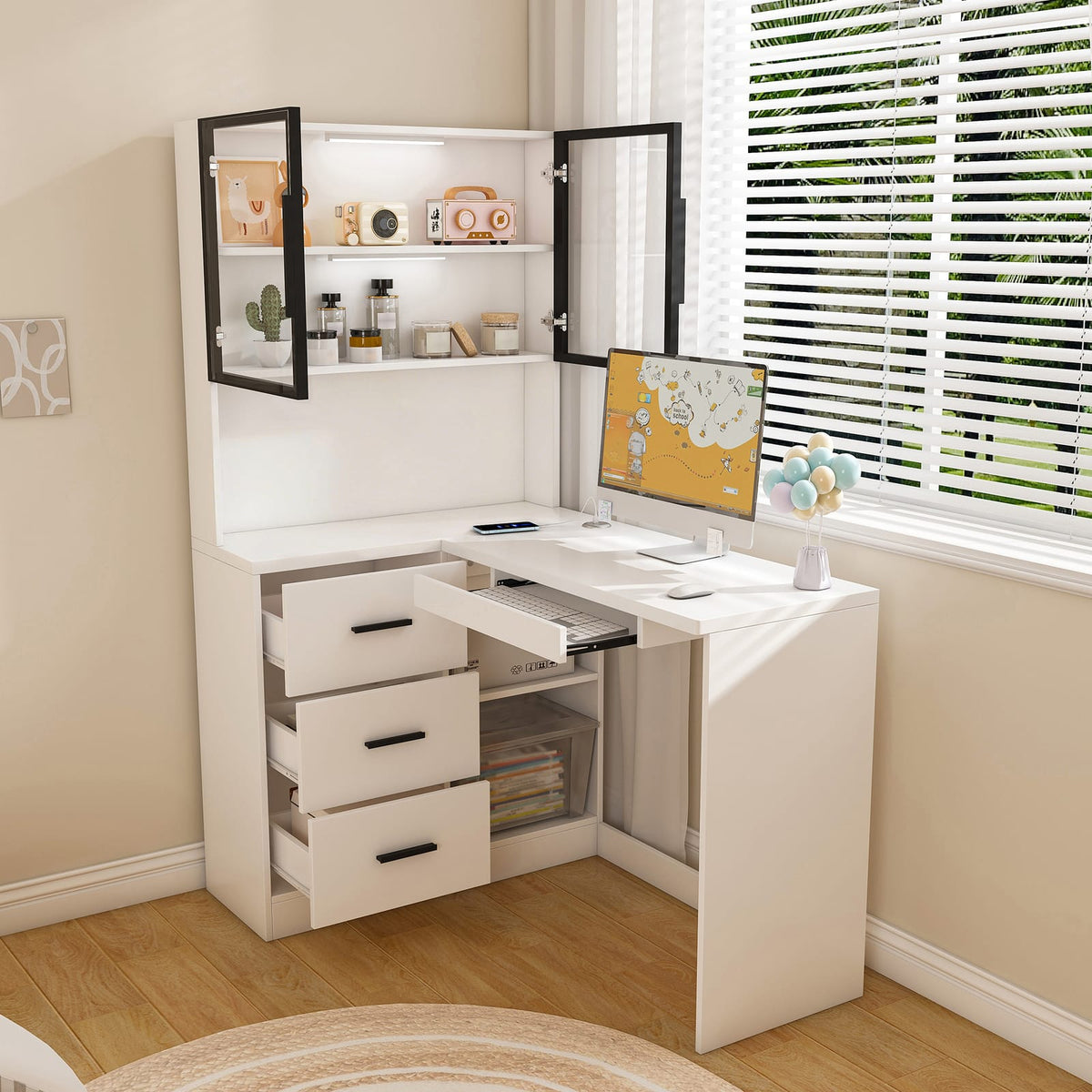 White L-Shaped Office Desk with Glass Cabinets & LED Lights for Home Office