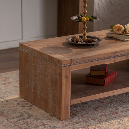 Rustic Farmhouse Wood Coffee Table with Open Storage Shelf for Living Room