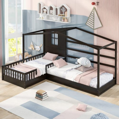 Wood House Bed Twin Size - 2 Twin Solid Beds with Fence & Slatted Frame, Espresso
