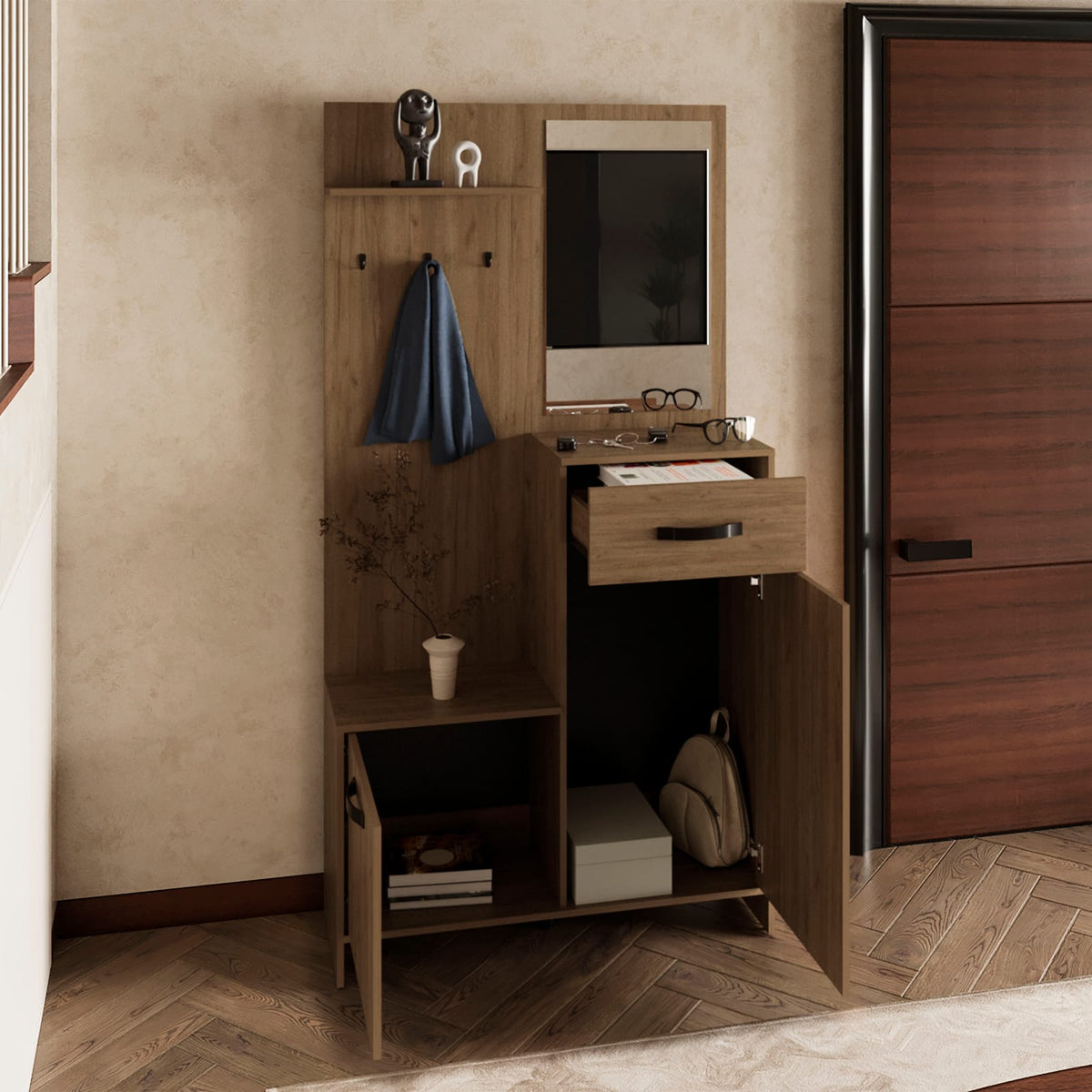 75" Tall Mirrored Hall Tree - Oak Entryway Cabinet for Living Room