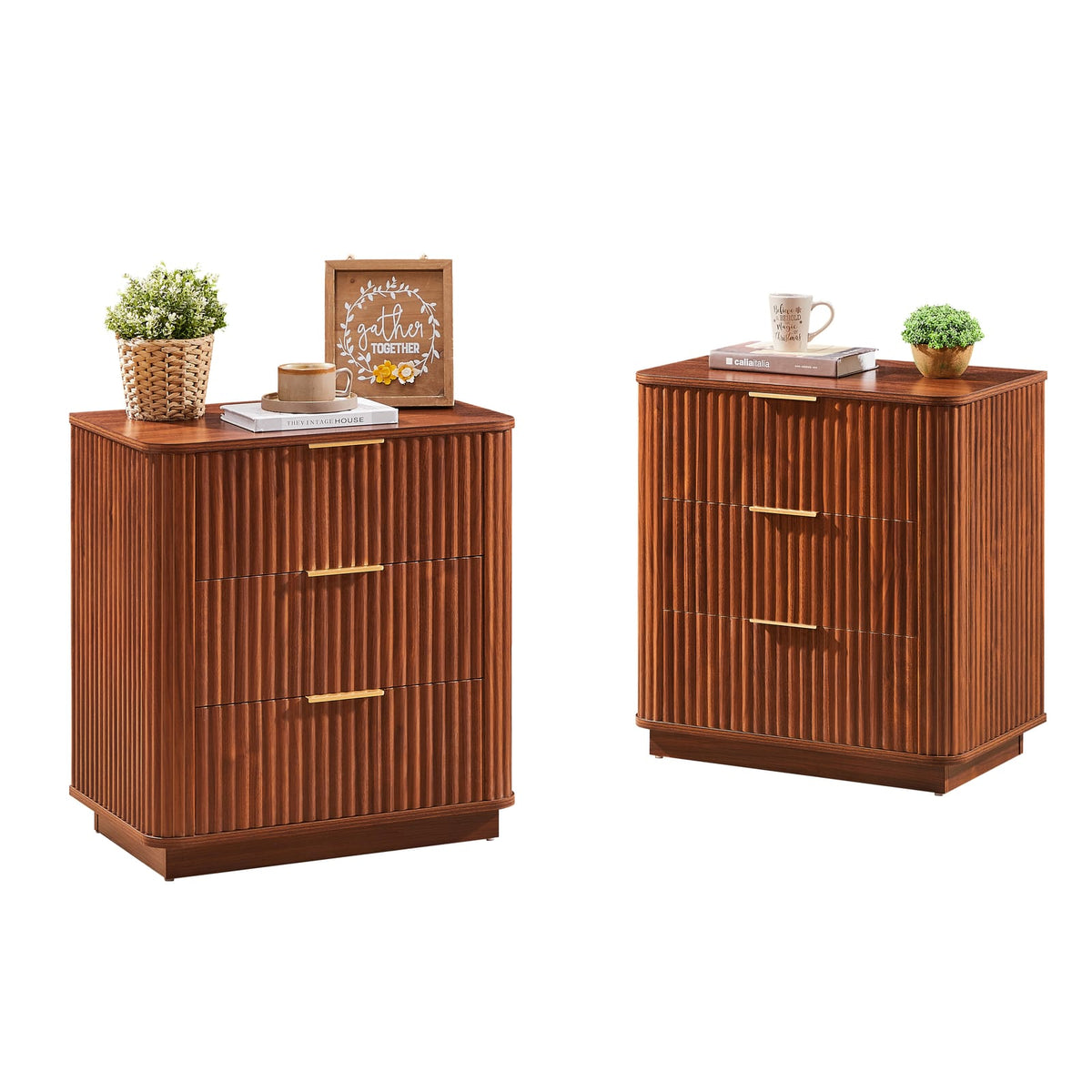 3-Drawer Walnut MDF Nightstand - 23.6" Wide Bedroom Storage
