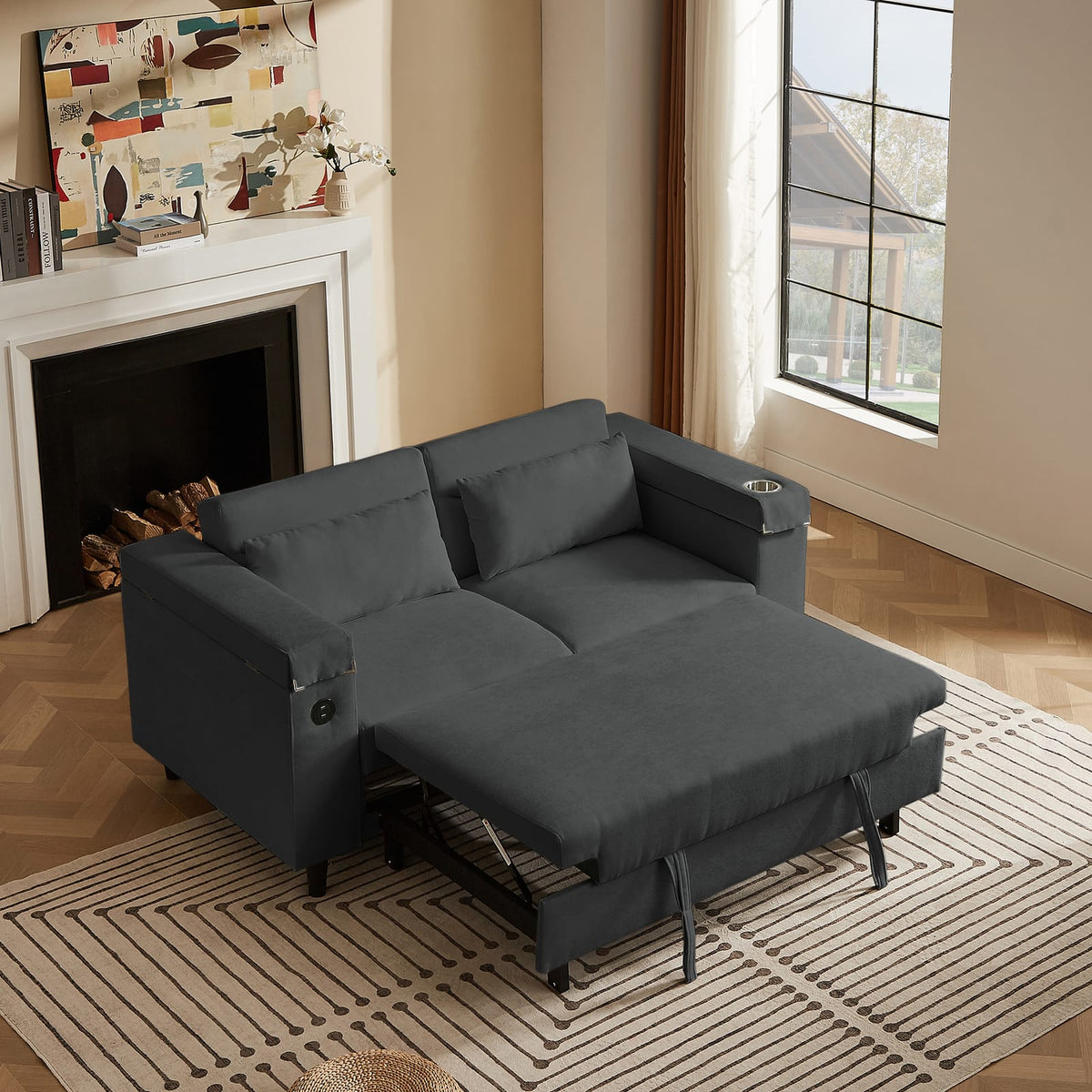 Dark Gray Sofa Bed with Storage & USB - 2 Seats for Living Room