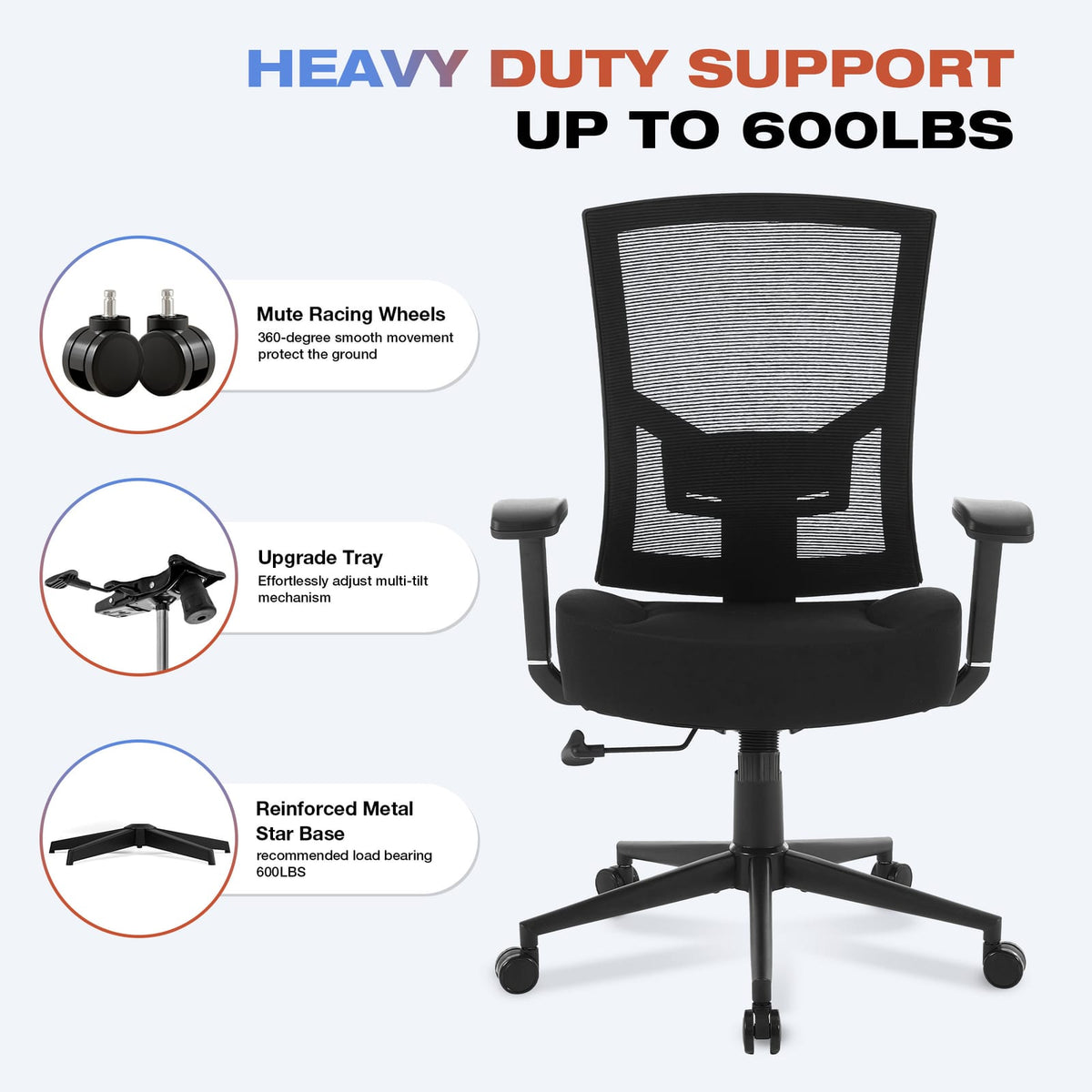 Big & Tall Mesh Office Chair - 600lbs Capacity, Lumbar Support
