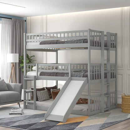 Full-Over-Full-Over-Full Triple Bed with Ladder & Slide, Gray for Bedroom