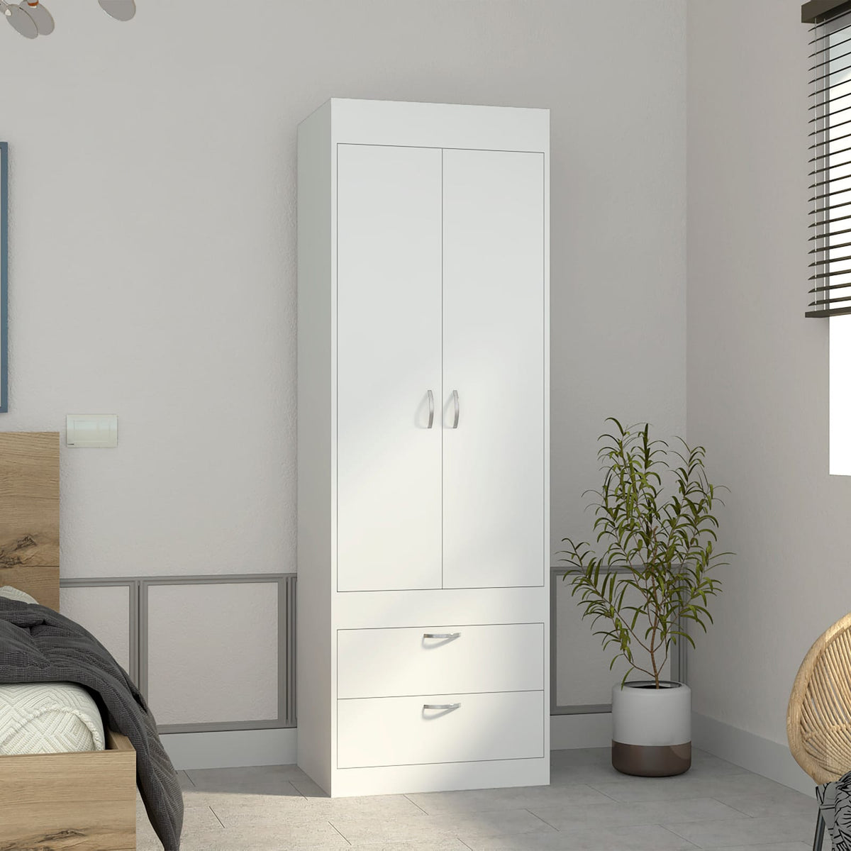 White 70H Dresser with 2 Doors & Hanging Rod