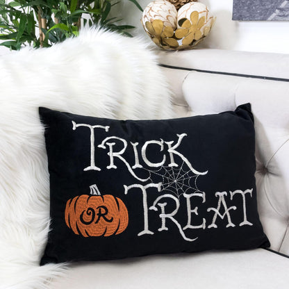 Black Polyester Trick or Treat Halloween Lumbar Pillow 14x20 Inch