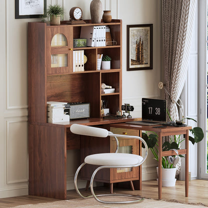 Walnut Rotating Computer Desk with Storage for Work and Study for Home Office