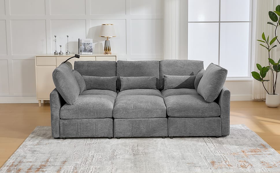 Grey Modular Sectional Sofa - 5 Seat Chenille Sofa Bed