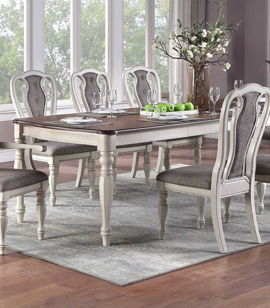 Transitional 9pc Dining Set - Dining Table w Oak Top & 6 Side Chairs, Antique White