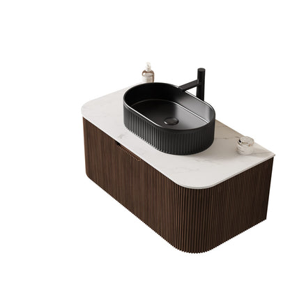 Black Wall-Mounted Bathroom Vanity with Ceramic Marble Finish