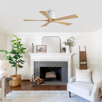 52 Inch Matte White Ceiling Fan - Wood Blades, DC Motor