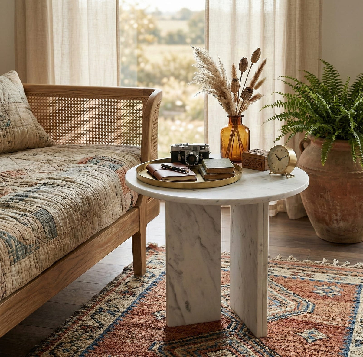 White Natural Marble Round Accent Table - Small Side Table, 17.7 Inch