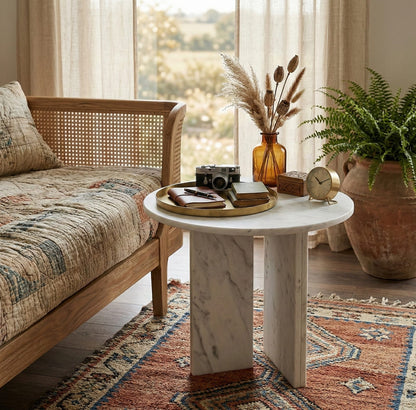 White Natural Marble Round Accent Table - Small Side Table, 17.7 Inch