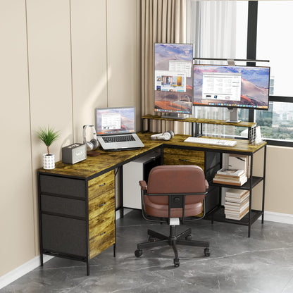 L-Shaped Gaming Desk with Power Hub - 6 Drawers, 114 Inch Brown