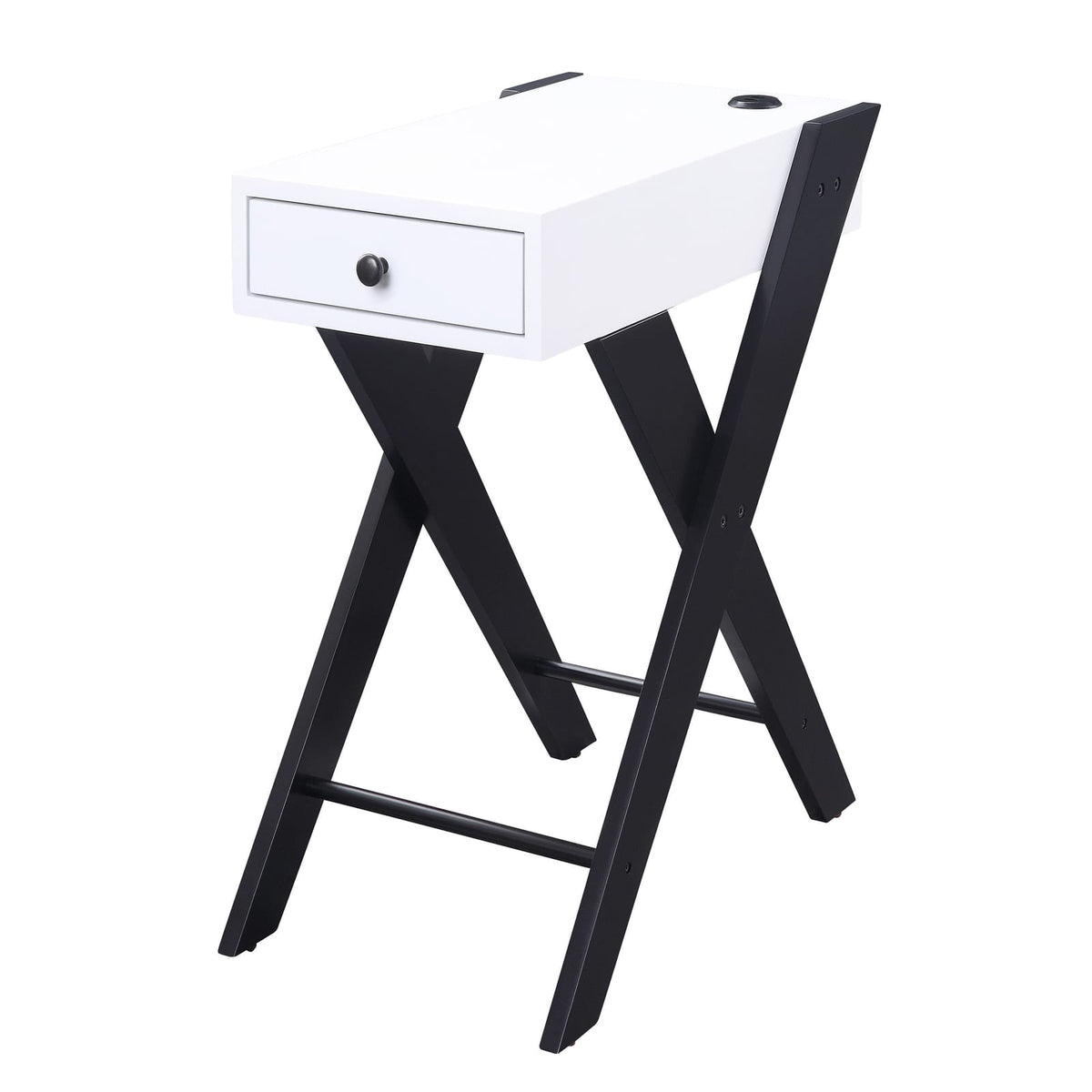 White & Black Side Table with USB Ports - Storage Included for Living Room