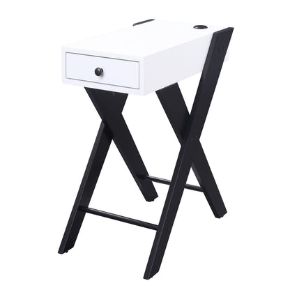 White & Black Side Table with USB Ports - Storage Included for Living Room