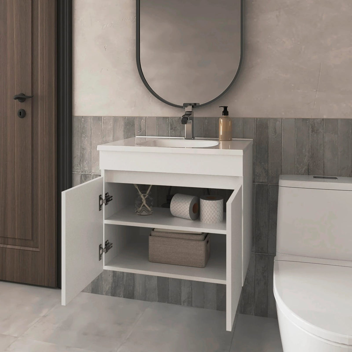 White Particle Board Bathroom Vanity with Storage for Renovation