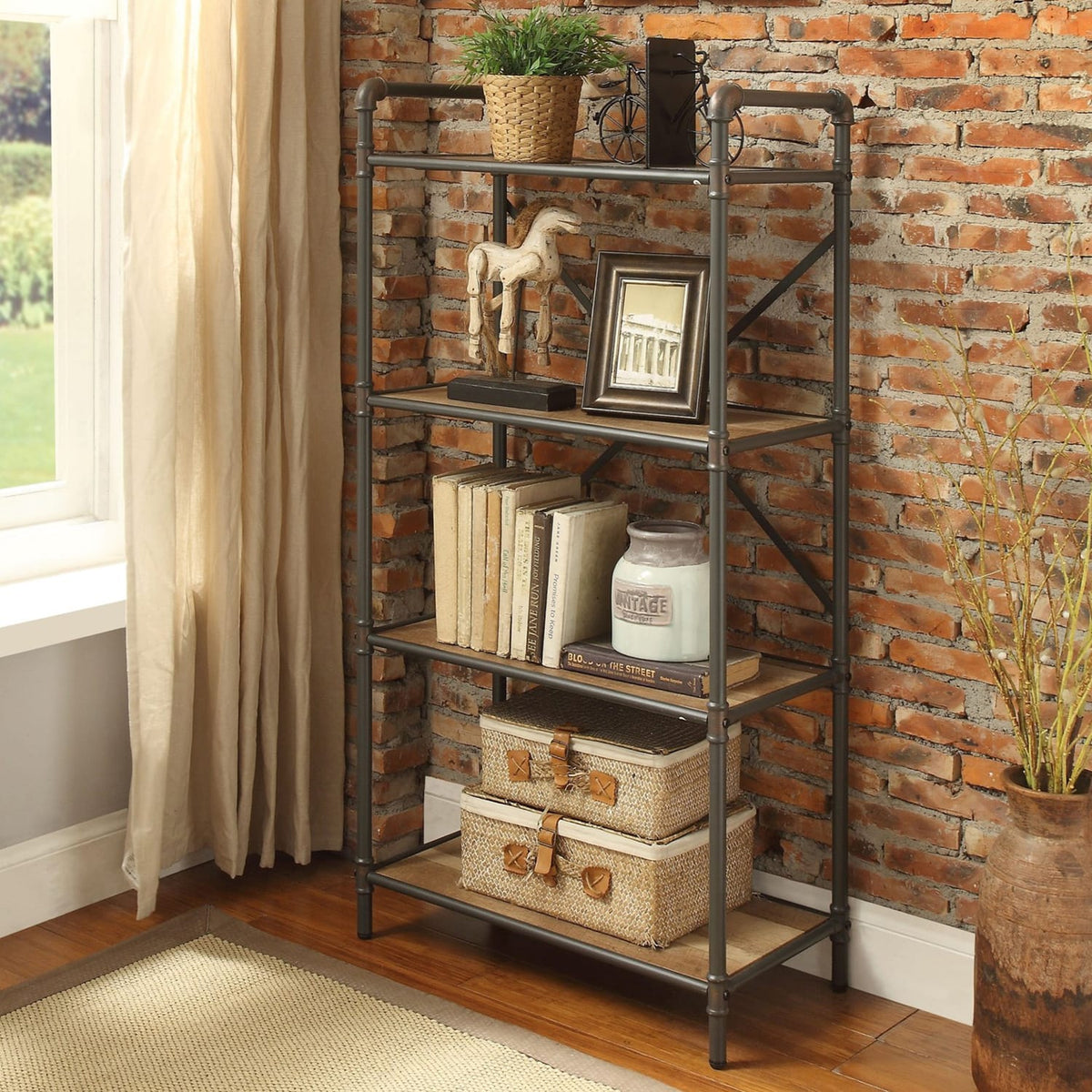 4 Tier Bookshelf - Ancient Oak, Gray Storage Shelf