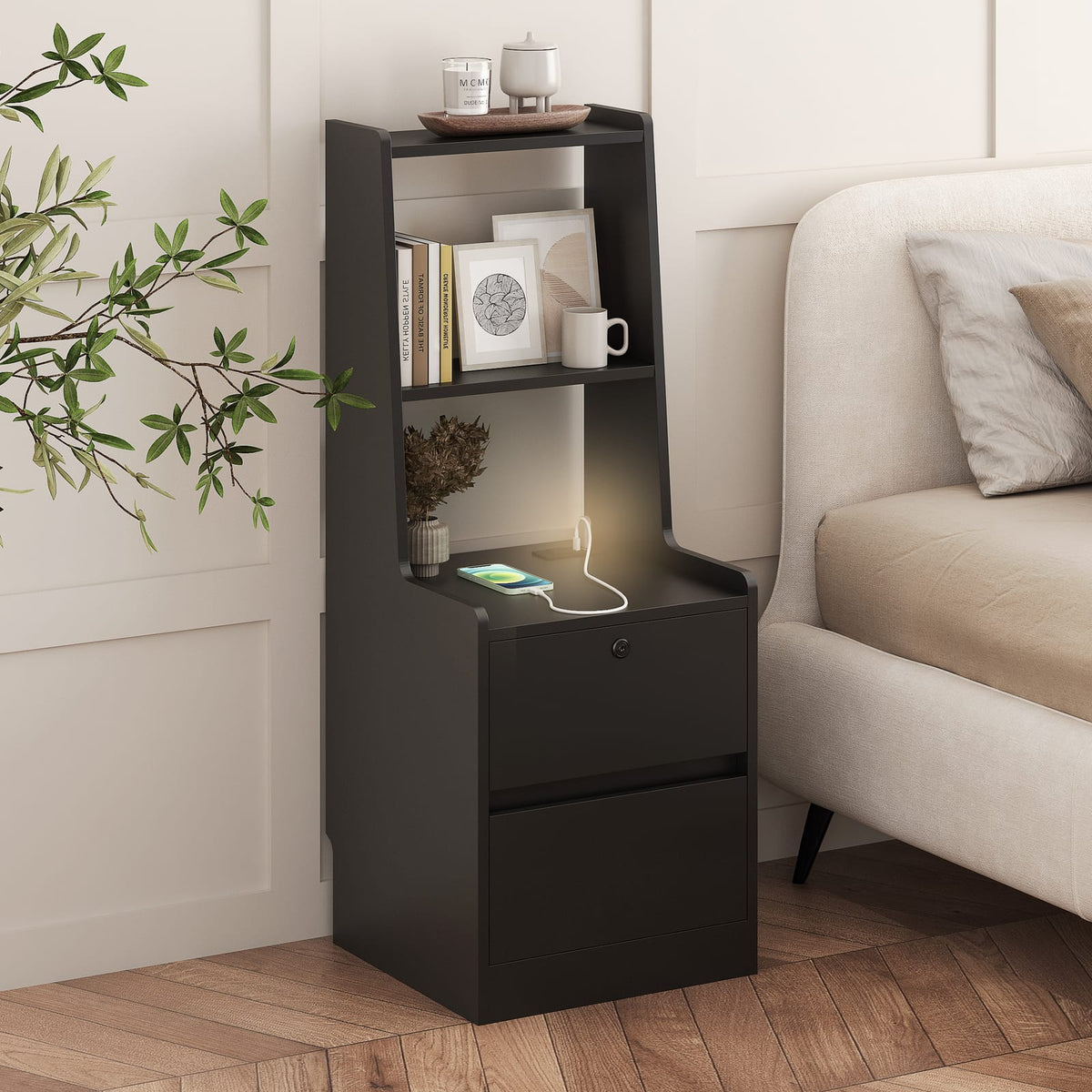 Black Particle Board Nightstand with USB Charging & Night Light for Bedroom