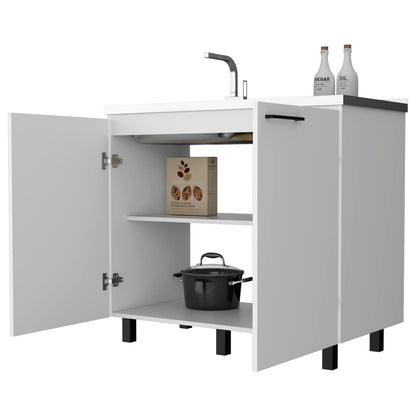 White Kitchen Sink Cabinet with 2 Sinks - Wood Finish