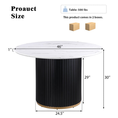 46 Inch Round Faux Marble Dining Table, Black Wave Metal Base - Accommodates 4 People
