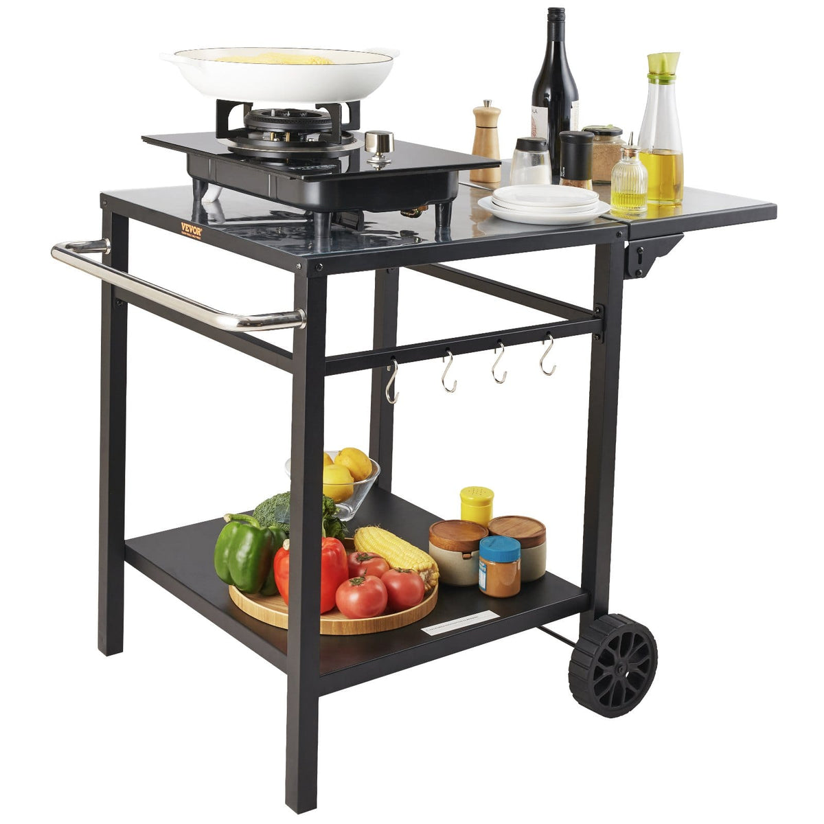 Outdoor Grill Dining Cart - Steel, Foldable Tabletop, 2 Wheels